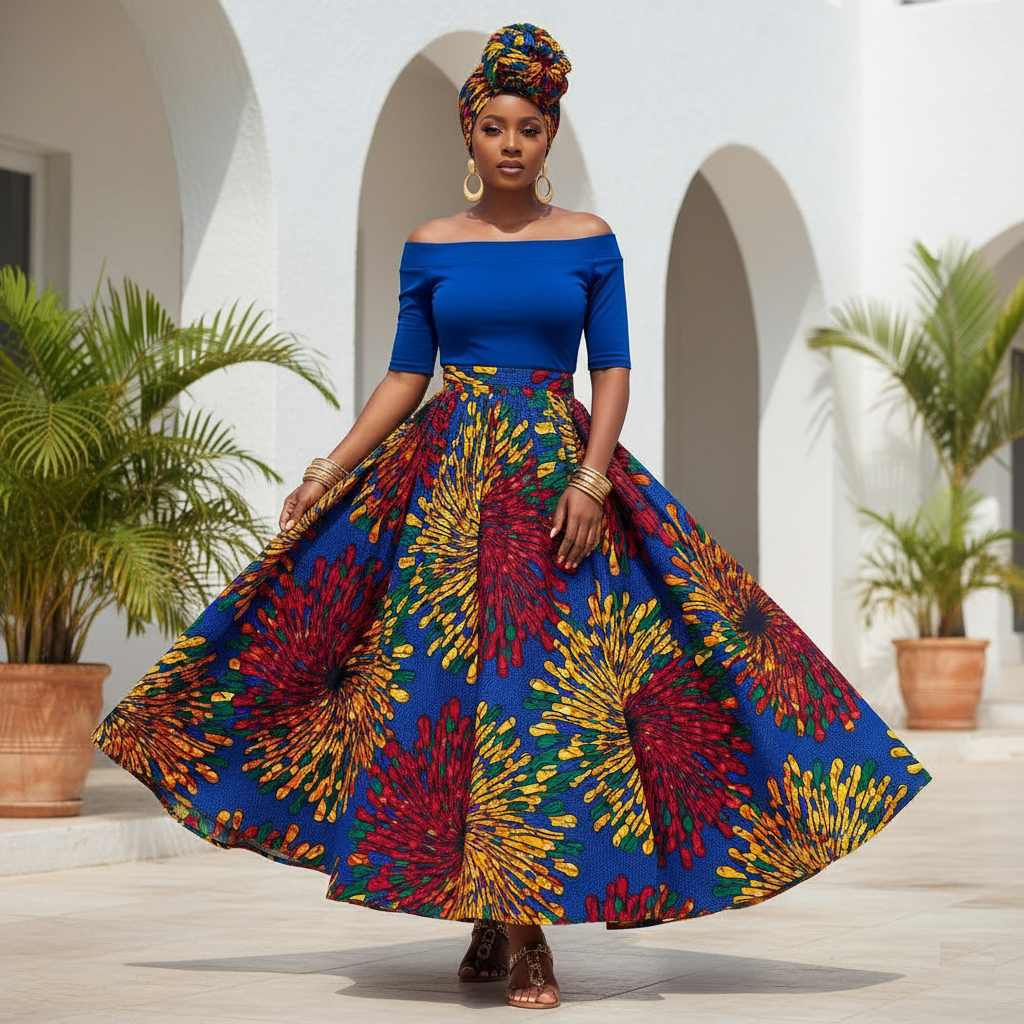 colorful Ankara maxi skirt as the dominant print, paired with a simpler, solid-colored top ikrest.ng